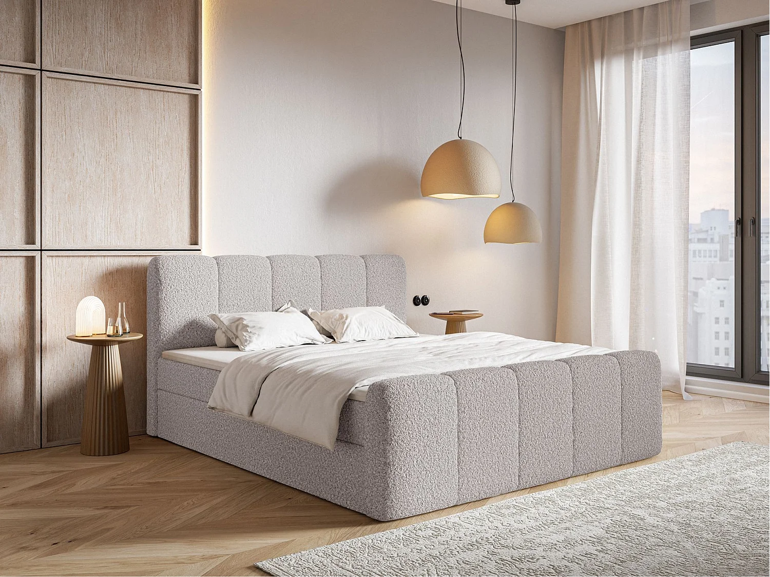 Lit continental - 160x200 cm - en tissu bouclé taupe - CLOUDY II