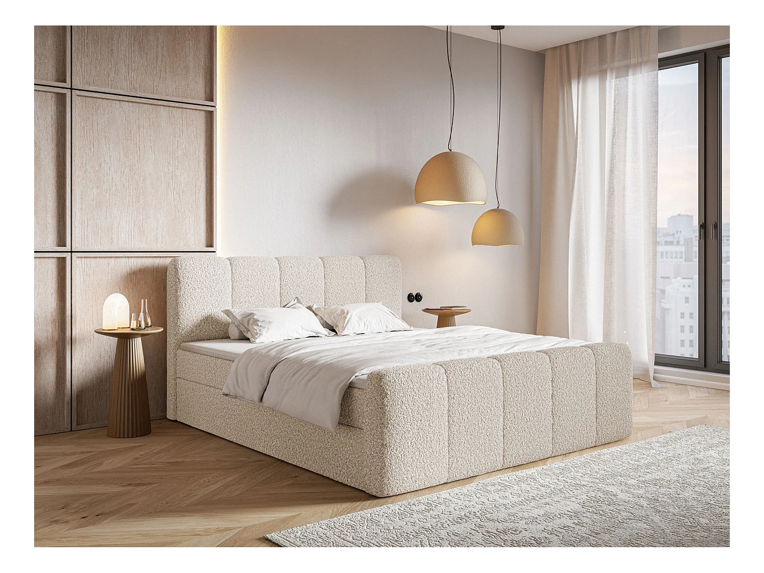 Continentaal bed - 160x200 cm - in lichtbeige bouclé stof - CLOUDY II