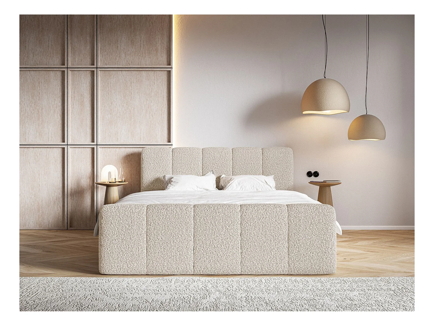 Lit continental - 160x200 cm - en tissu bouclé beige clair - CLOUDY II
