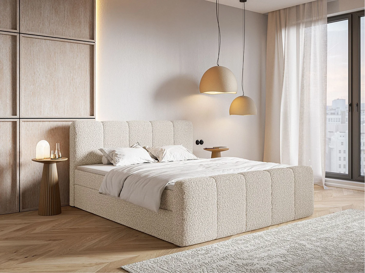 Lit continental - 160x200 cm - en tissu bouclé beige clair - CLOUDY II