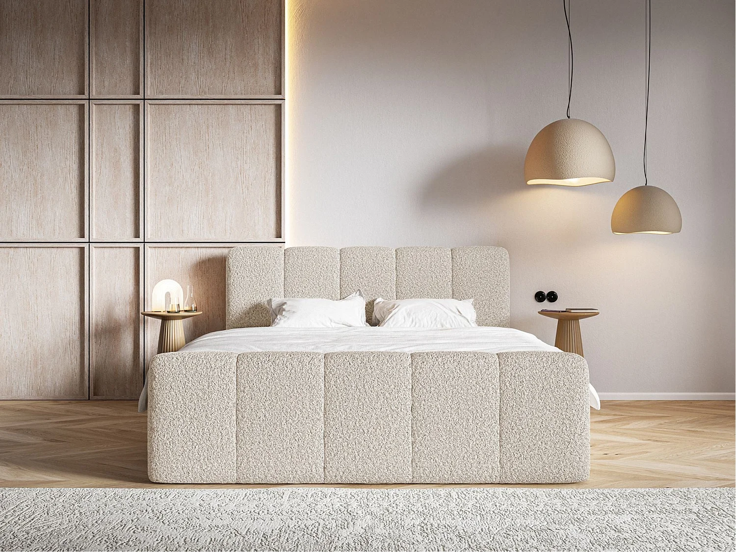 Lit continental - 160x200 cm - en tissu bouclé beige clair - CLOUDY II