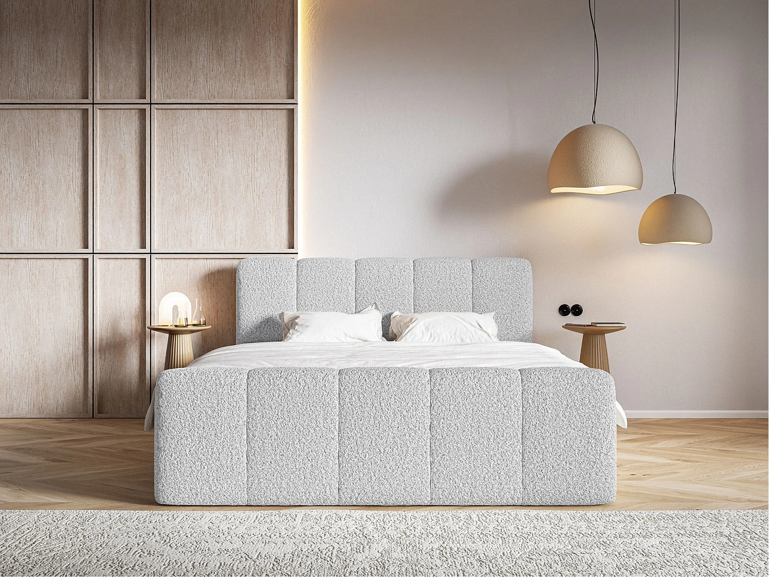 Lit continental - 180x200 cm - en tissu bouclé gris clair - CLOUDY II
