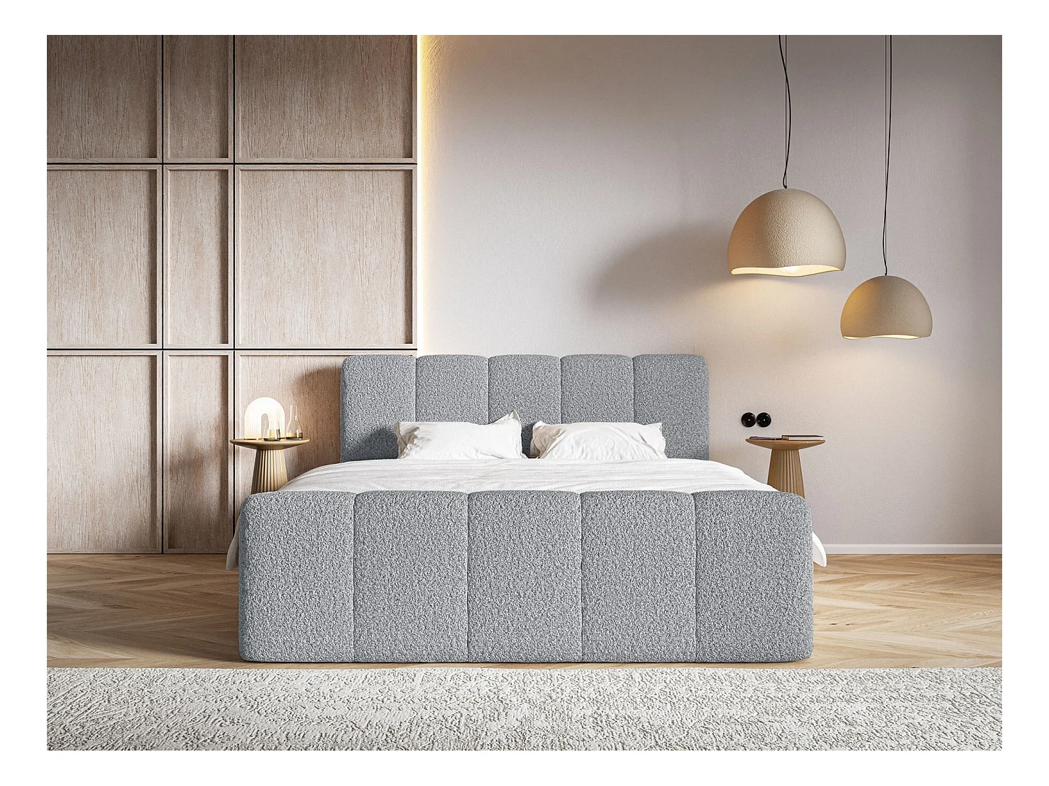 Lit continental - 140x200 cm - en tissu bouclé gris - CLOUDY II