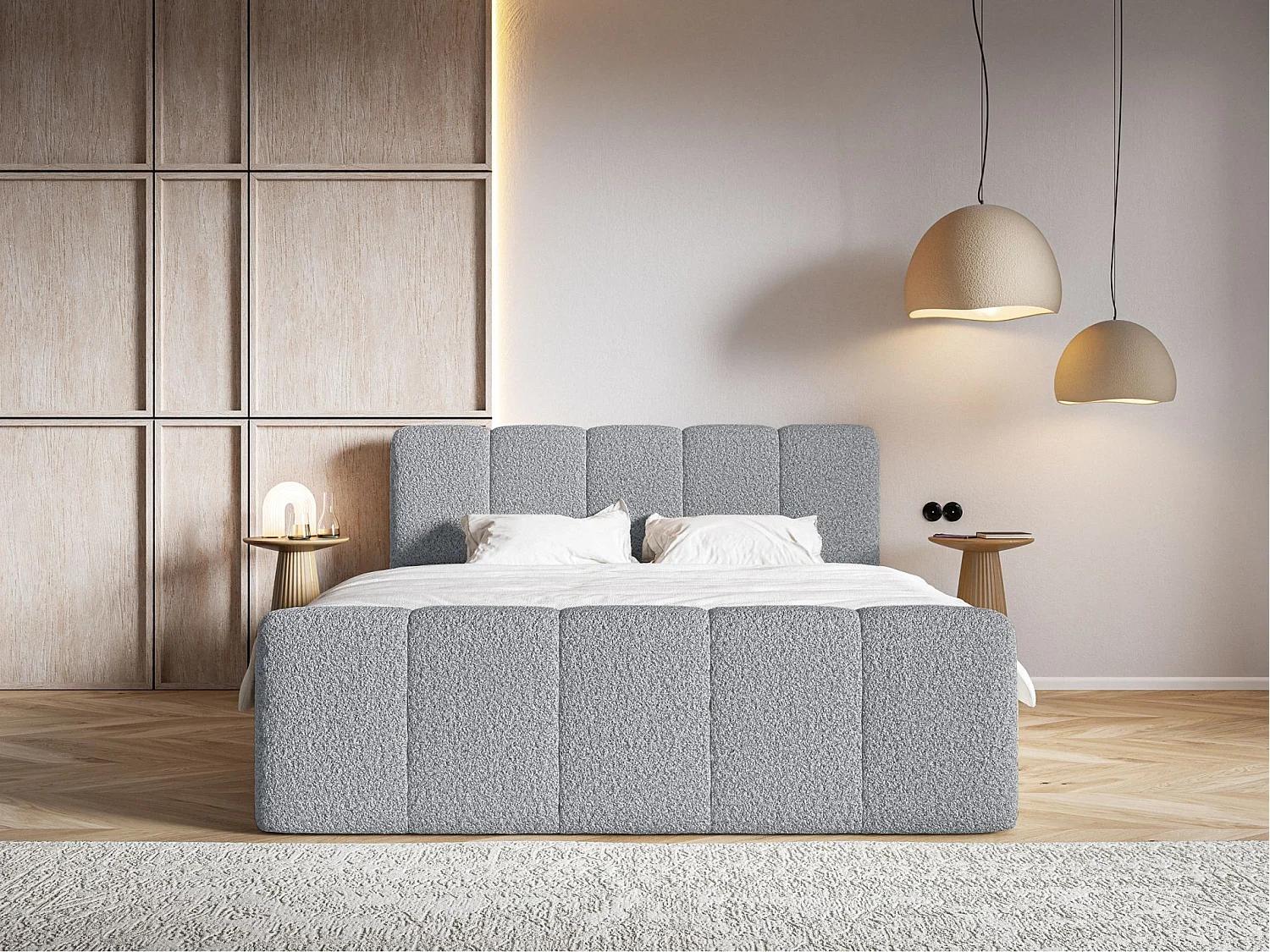 Lit continental - 180x200 cm - en tissu bouclé gris - CLOUDY II