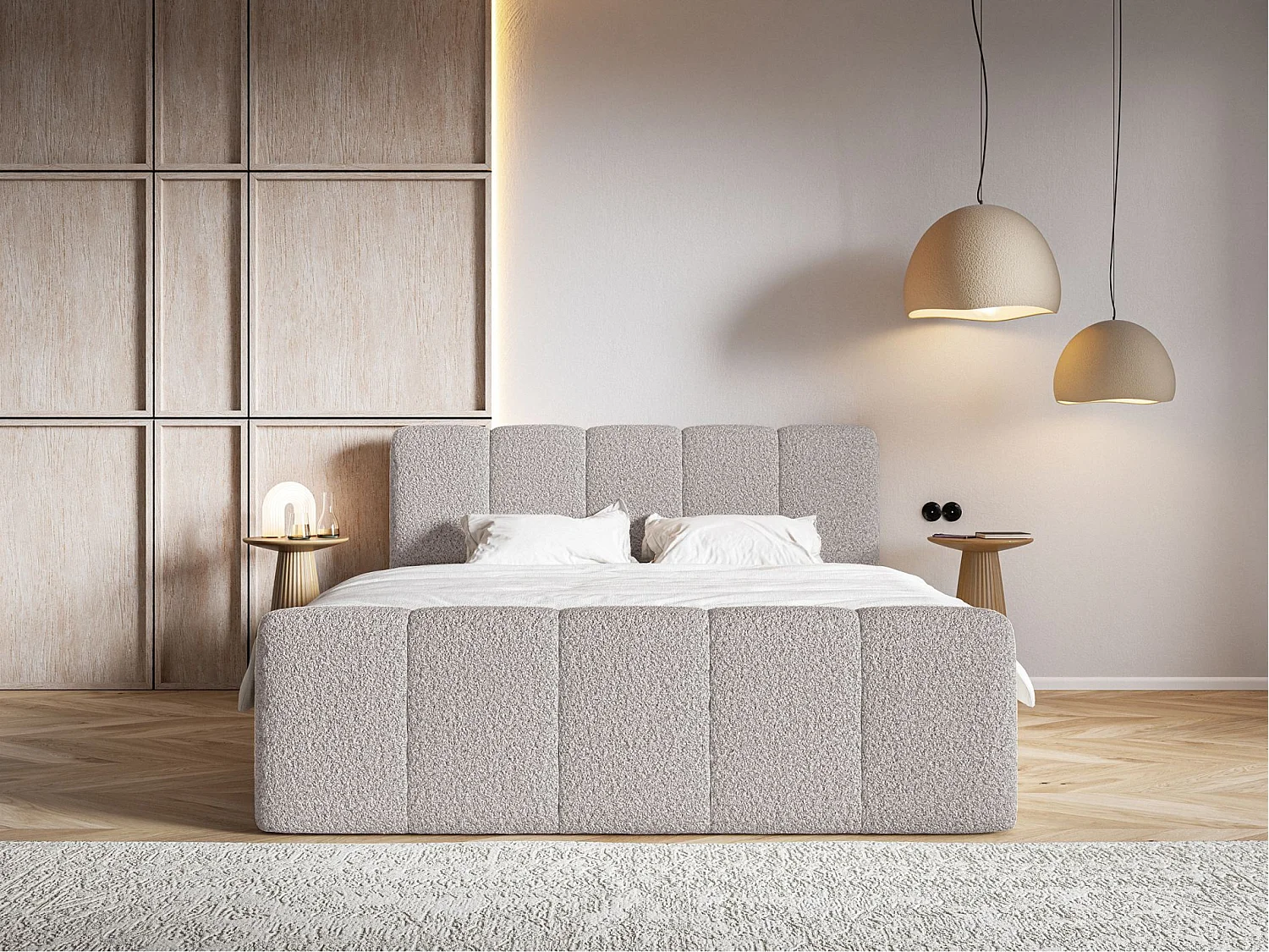 Lit continental - 140x200 cm - en tissu bouclé taupe - CLOUDY II