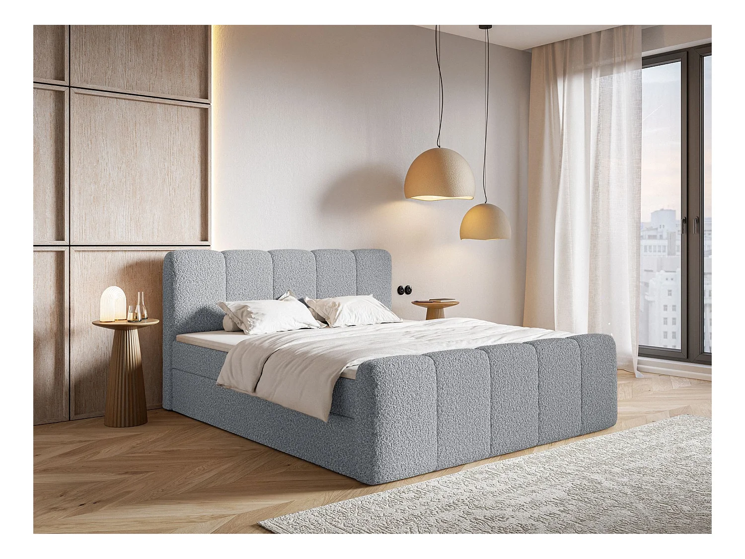 Lit continental - 160x200 cm - en tissu bouclé gris - CLOUDY II