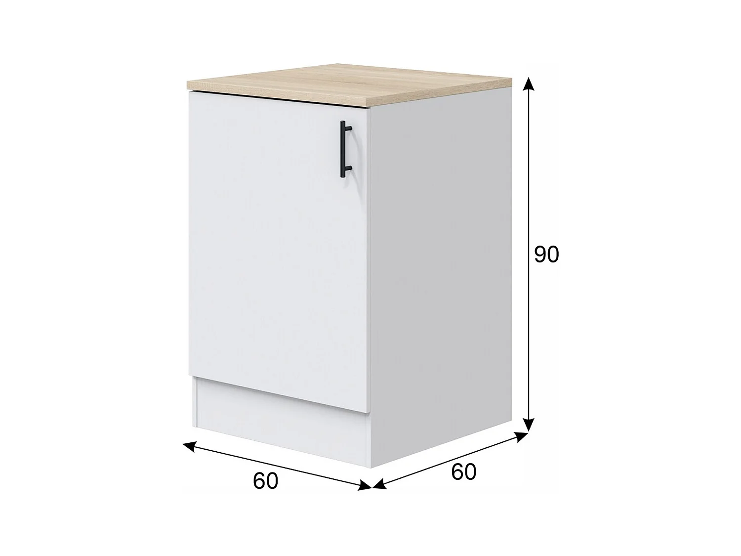 Meuble bas de cuisine avec plan de travail , 1 porte coloris blanc brillant /chêne canadien - hauteur 90 x longueur 60 x profondeur 60 cm