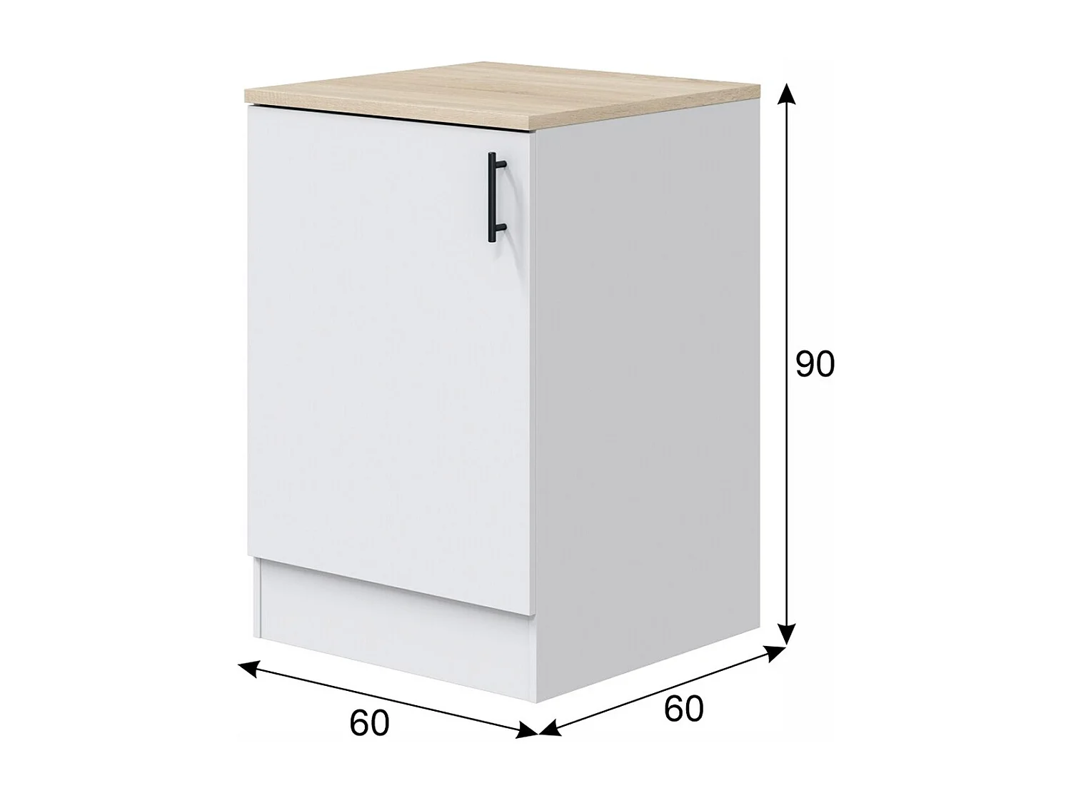 Meuble bas de cuisine avec plan de travail , 1 porte coloris blanc brillant /chêne canadien - hauteur 90 x longueur 60 x profondeur 60 cm