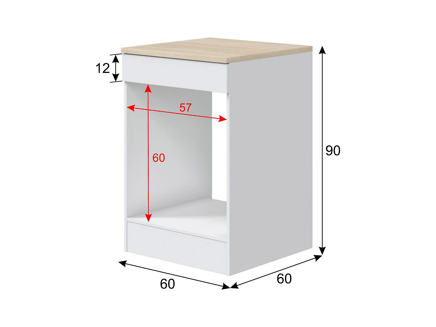 Meuble bas de cuisine avec plan de travail pour four coloris blanc brillant /chêne canadien - hauteur 90 x longueur 60 x profondeur 60 cm