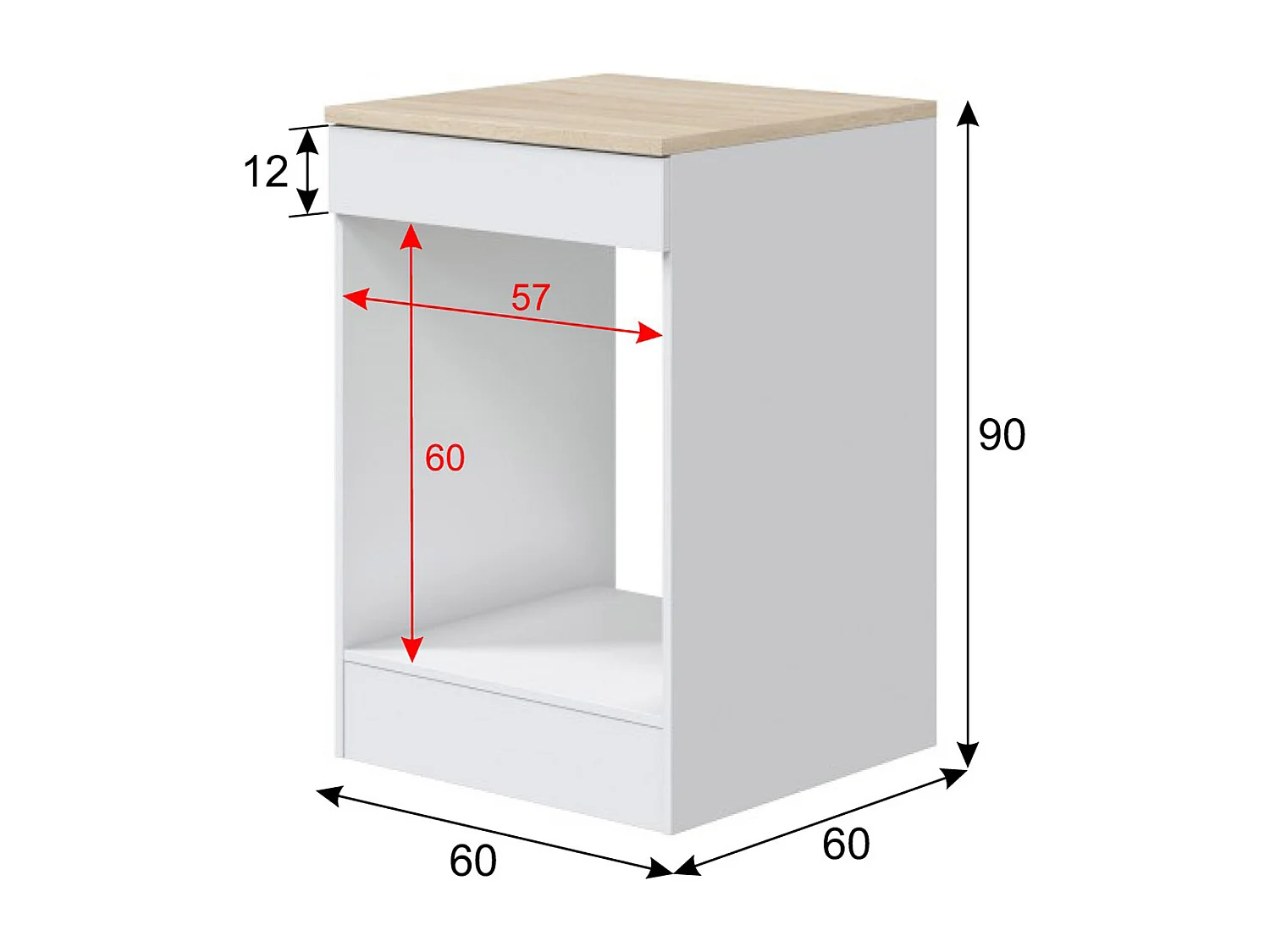 Meuble bas de cuisine avec plan de travail pour four coloris blanc brillant /chêne canadien - hauteur 90 x longueur 60 x profondeur 60 cm