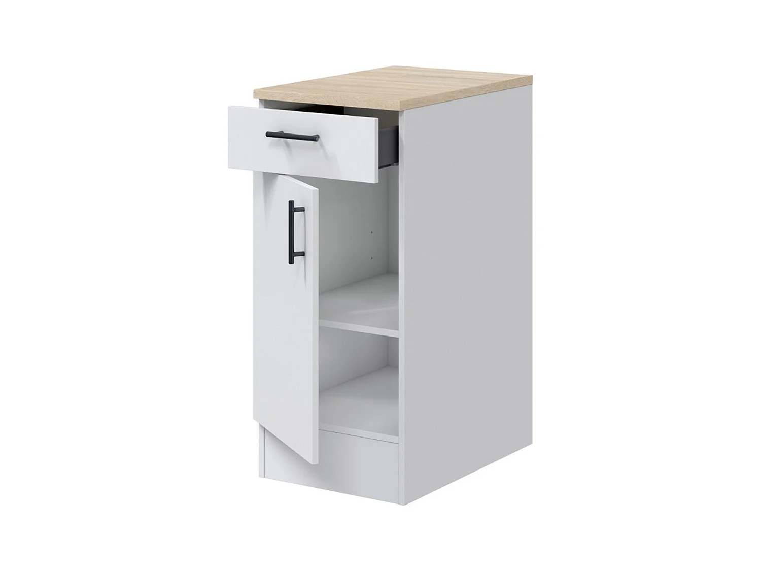 Meuble bas de cuisine avec plan de travail , 1 porte + 1 tiroir coloris blanc brillant /chêne canadien - hauteur 90 x longueur 40 x profondeur 60 cm