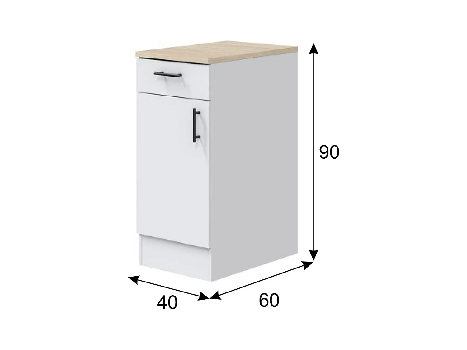 Meuble bas de cuisine avec plan de travail , 1 porte + 1 tiroir coloris blanc brillant /chêne canadien - hauteur 90 x longueur 40 x profondeur 60 cm