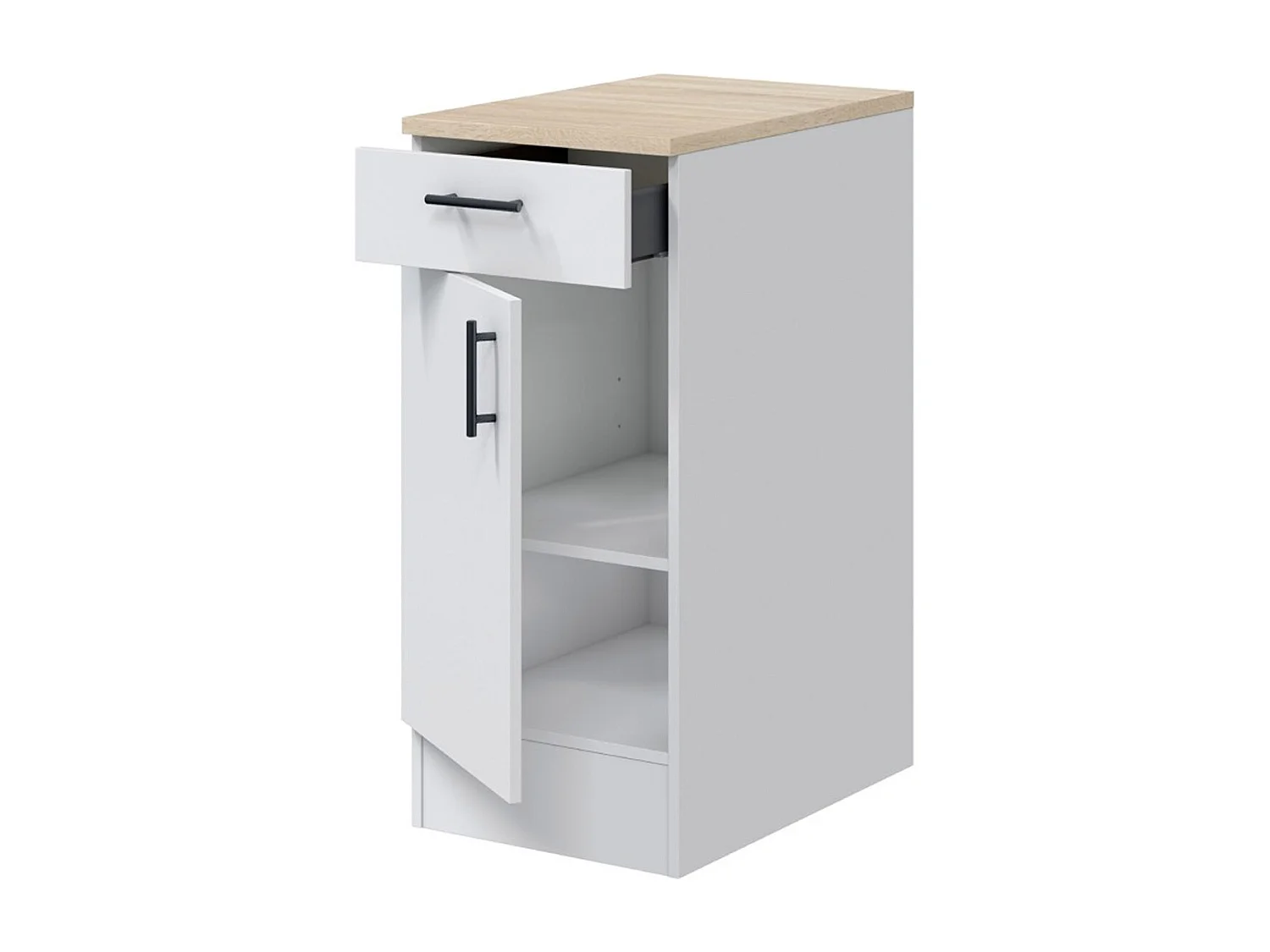 Meuble bas de cuisine avec plan de travail , 1 porte + 1 tiroir coloris blanc brillant /chêne canadien - hauteur 90 x longueur 40 x profondeur 60 cm