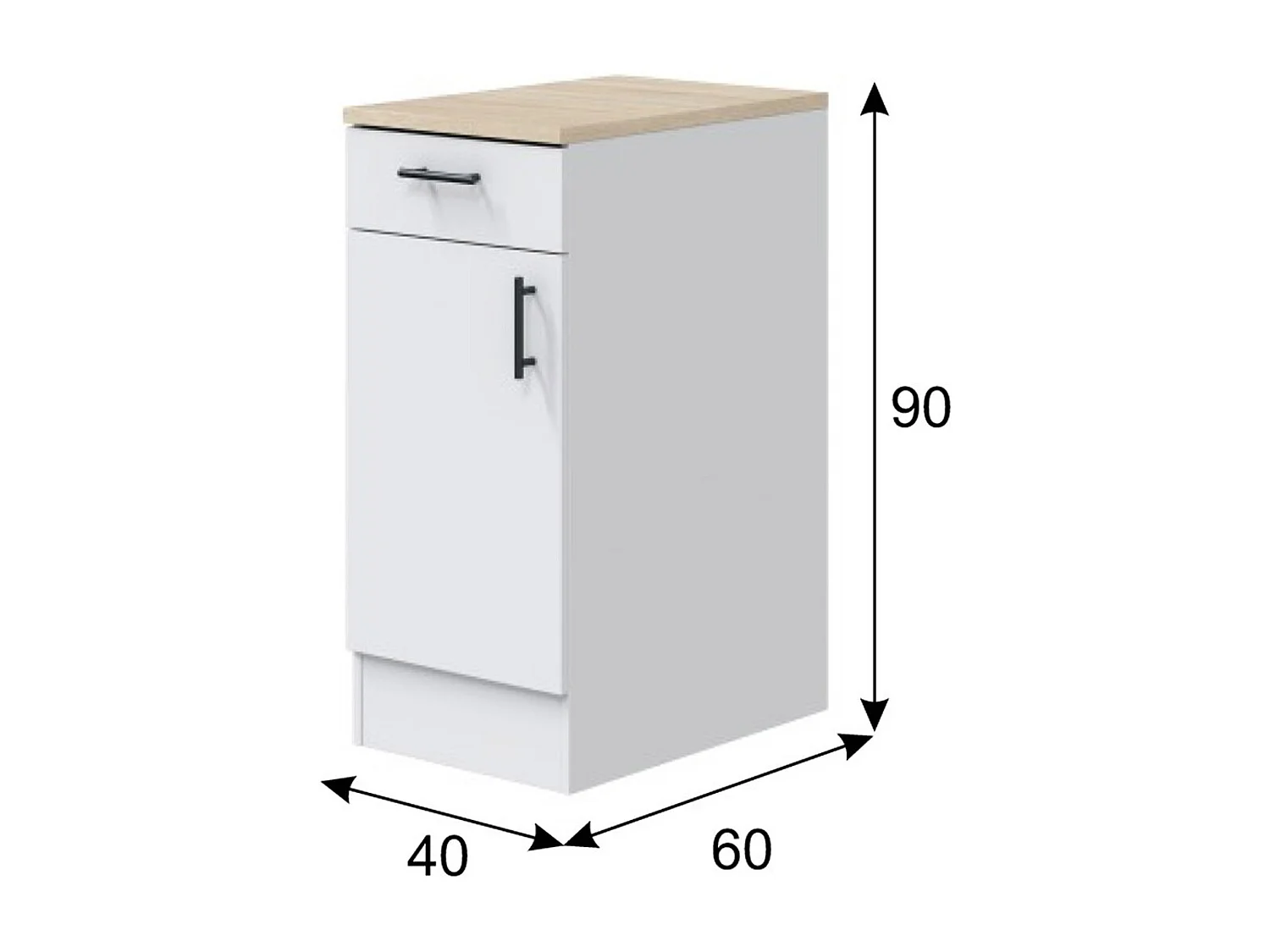 Meuble bas de cuisine avec plan de travail , 1 porte + 1 tiroir coloris blanc brillant /chêne canadien - hauteur 90 x longueur 40 x profondeur 60 cm