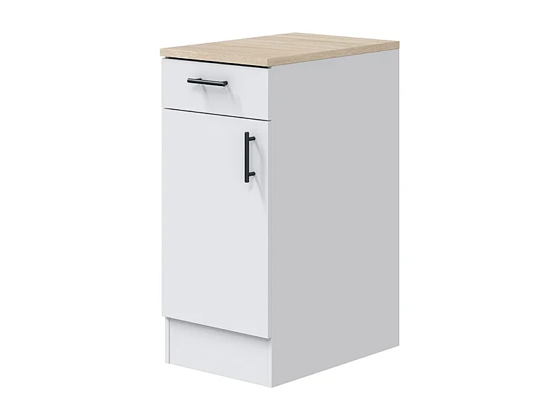 Meuble bas de cuisine avec plan de travail , 1 porte + 1 tiroir coloris blanc brillant /chêne canadien - hauteur 90 x longueur 40 x profondeur 60 cm