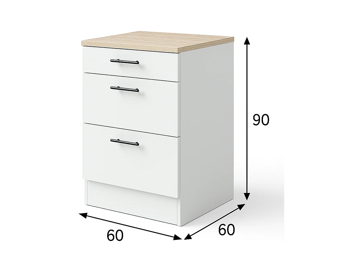 Meuble bas de cuisine de 3 tiroirs avec plan de travail  coloris blanc brillant /chêne canadien - hauteur 90 x longueur 60 x profondeur 60 cm