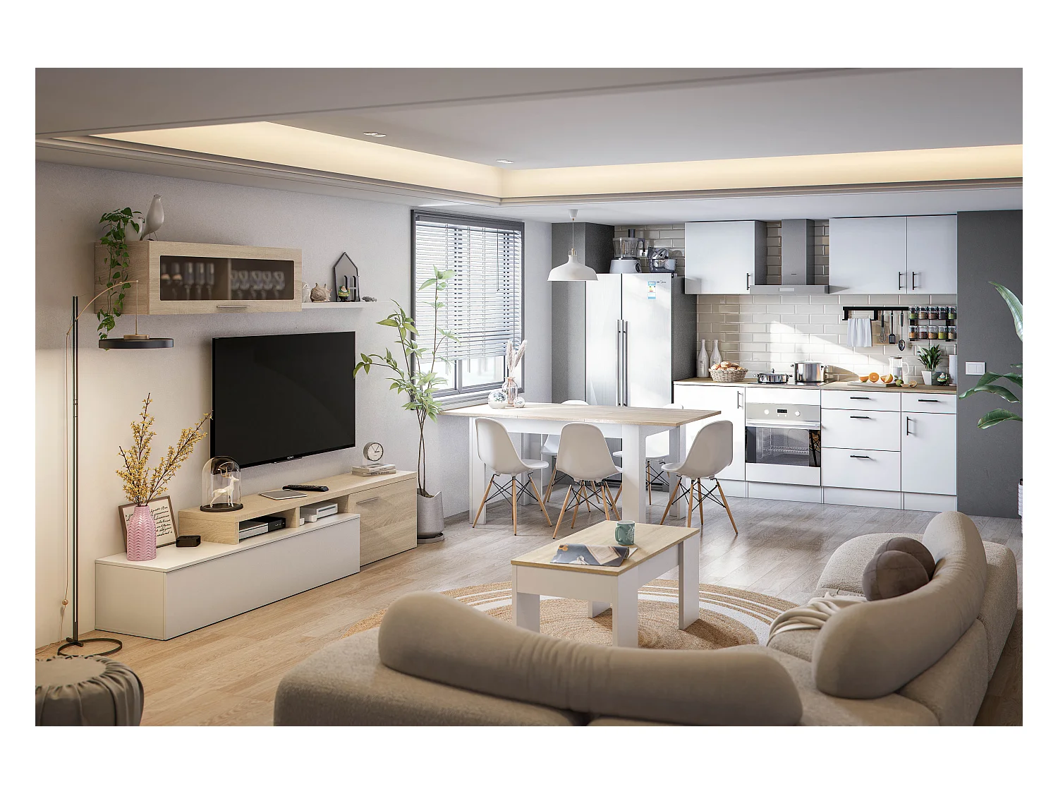 Meuble bas de cuisine de 3 tiroirs avec plan de travail  coloris blanc brillant /chêne canadien - hauteur 90 x longueur 60 x profondeur 60 cm