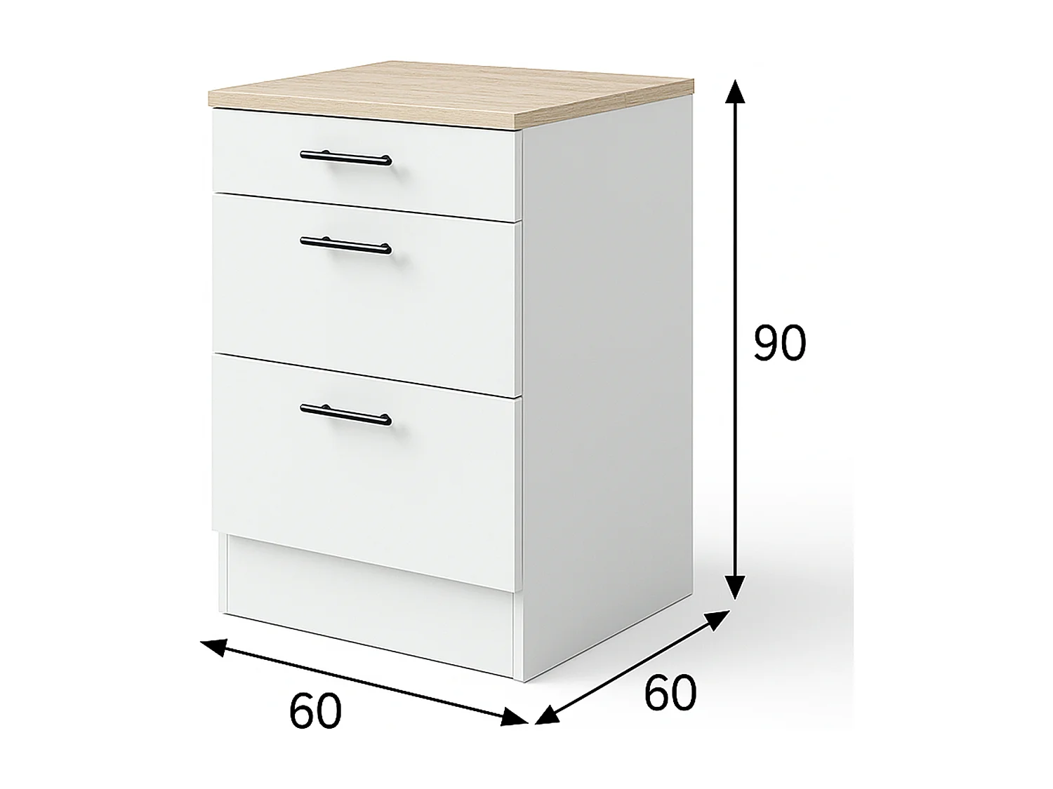 Meuble bas de cuisine de 3 tiroirs avec plan de travail  coloris blanc brillant /chêne canadien - hauteur 90 x longueur 60 x profondeur 60 cm