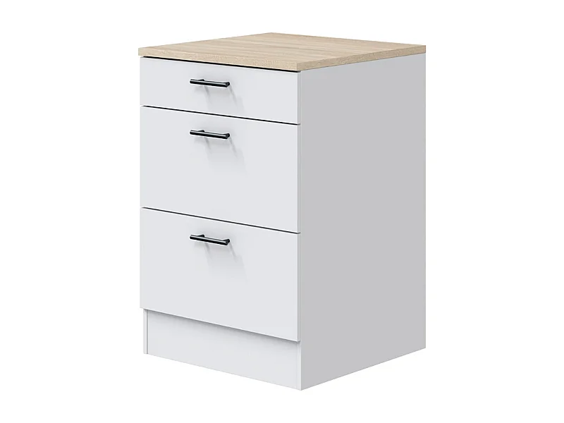 Meuble bas de cuisine de 3 tiroirs avec plan de travail  coloris blanc brillant /chêne canadien - hauteur 90 x longueur 60 x profondeur 60 cm