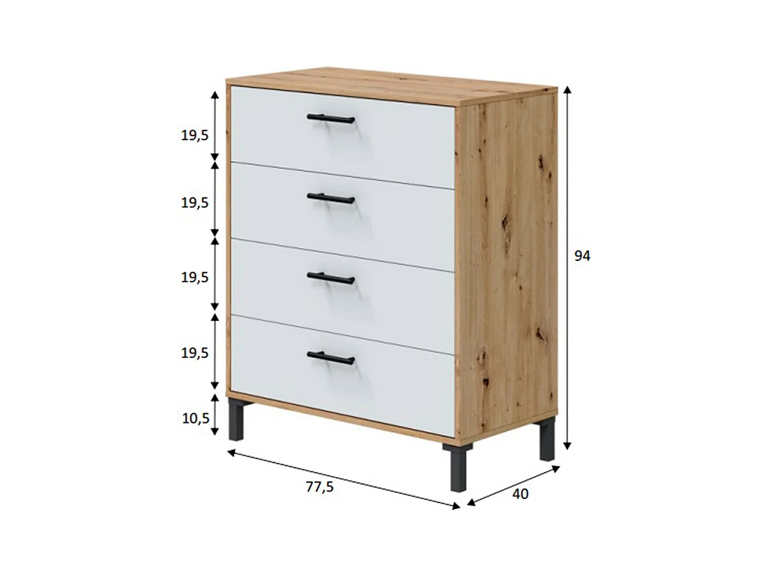 Commode, meuble de rangement avec 4 tiroirs coloris chêne nordique, blanc artic - hauteur 94 x longueur 78 x profondeur 40 cm