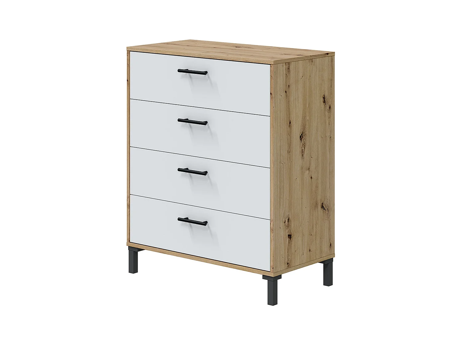 Commode, meuble de rangement avec 4 tiroirs coloris chêne nordique, blanc artic - hauteur 94 x longueur 78 x profondeur 40 cm