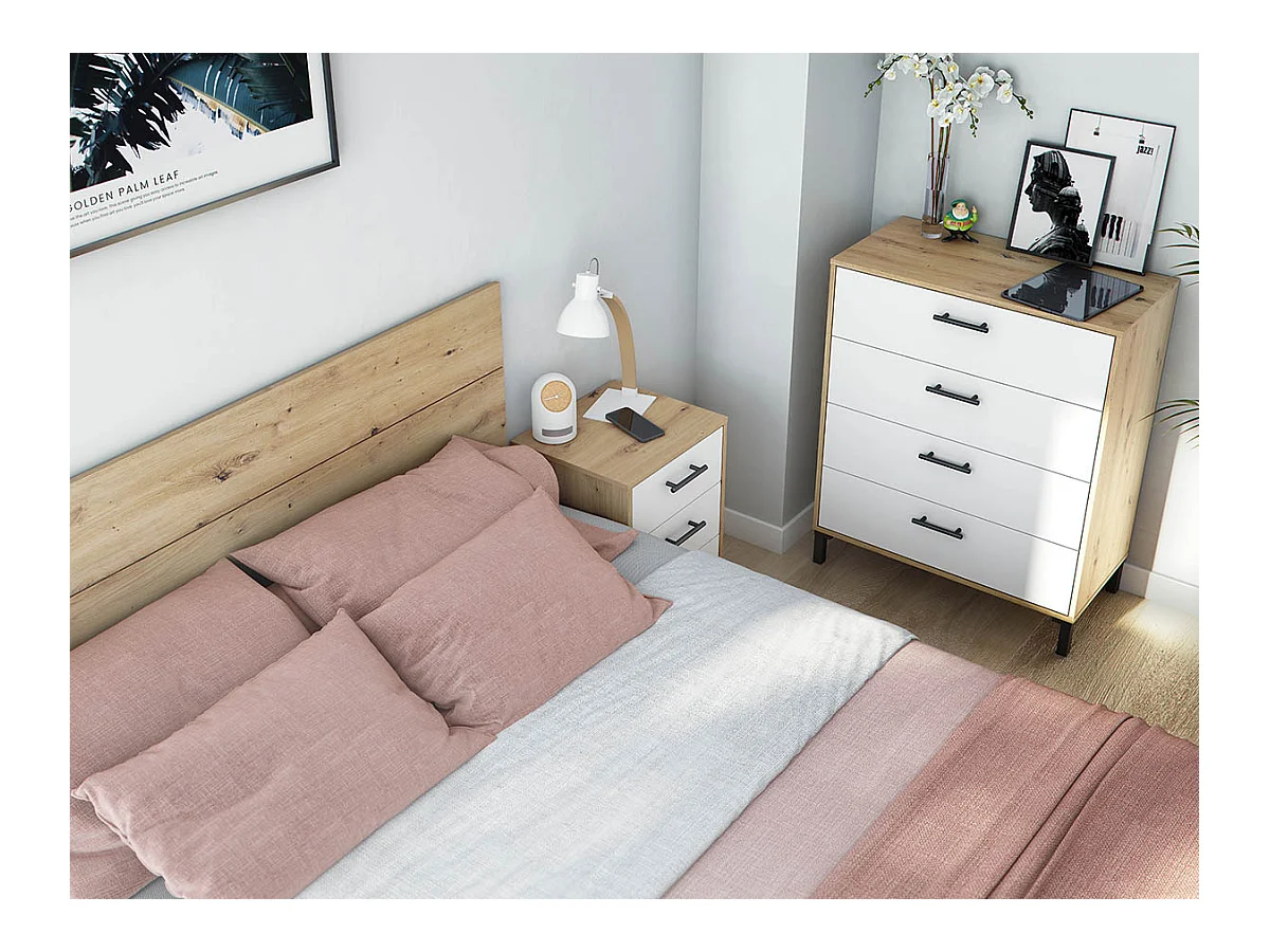 Commode, meuble de rangement avec 4 tiroirs coloris chêne nordique, blanc artic - hauteur 94 x longueur 78 x profondeur 40 cm