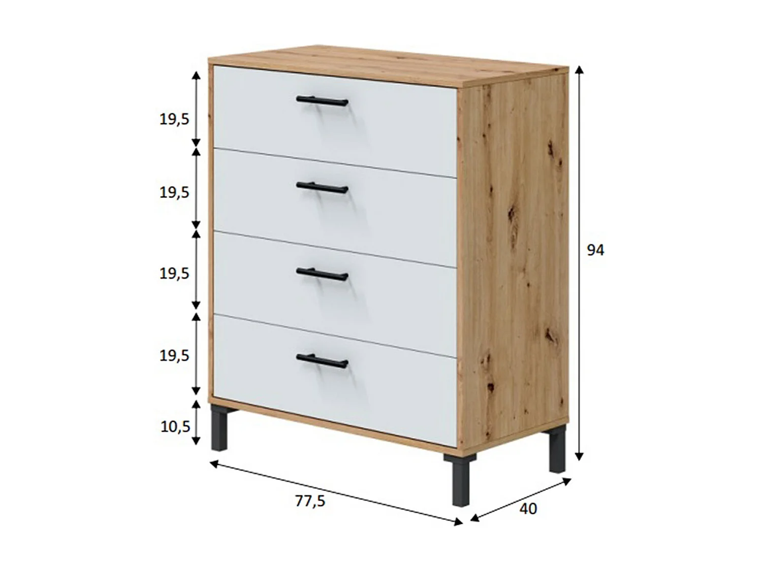 Commode, meuble de rangement avec 4 tiroirs coloris chêne nordique, blanc artic - hauteur 94 x longueur 78 x profondeur 40 cm
