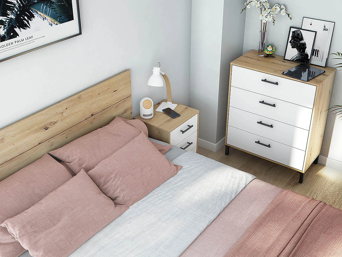 Commode, meuble de rangement avec 4 tiroirs coloris chêne nordique, blanc artic - hauteur 94 x longueur 78 x profondeur 40 cm