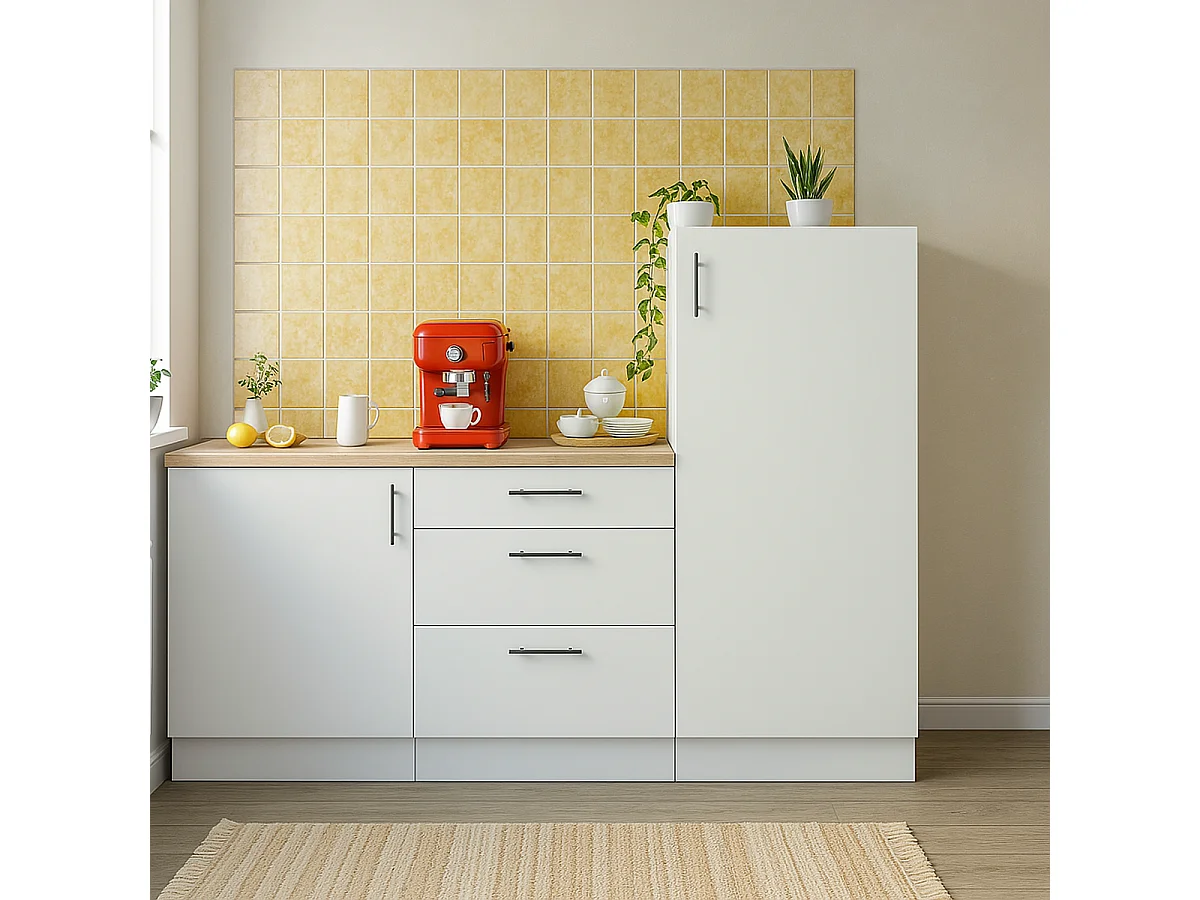 Ensemble de cuisine composé de 3 modules coloris blanc brillant/chêne canadien