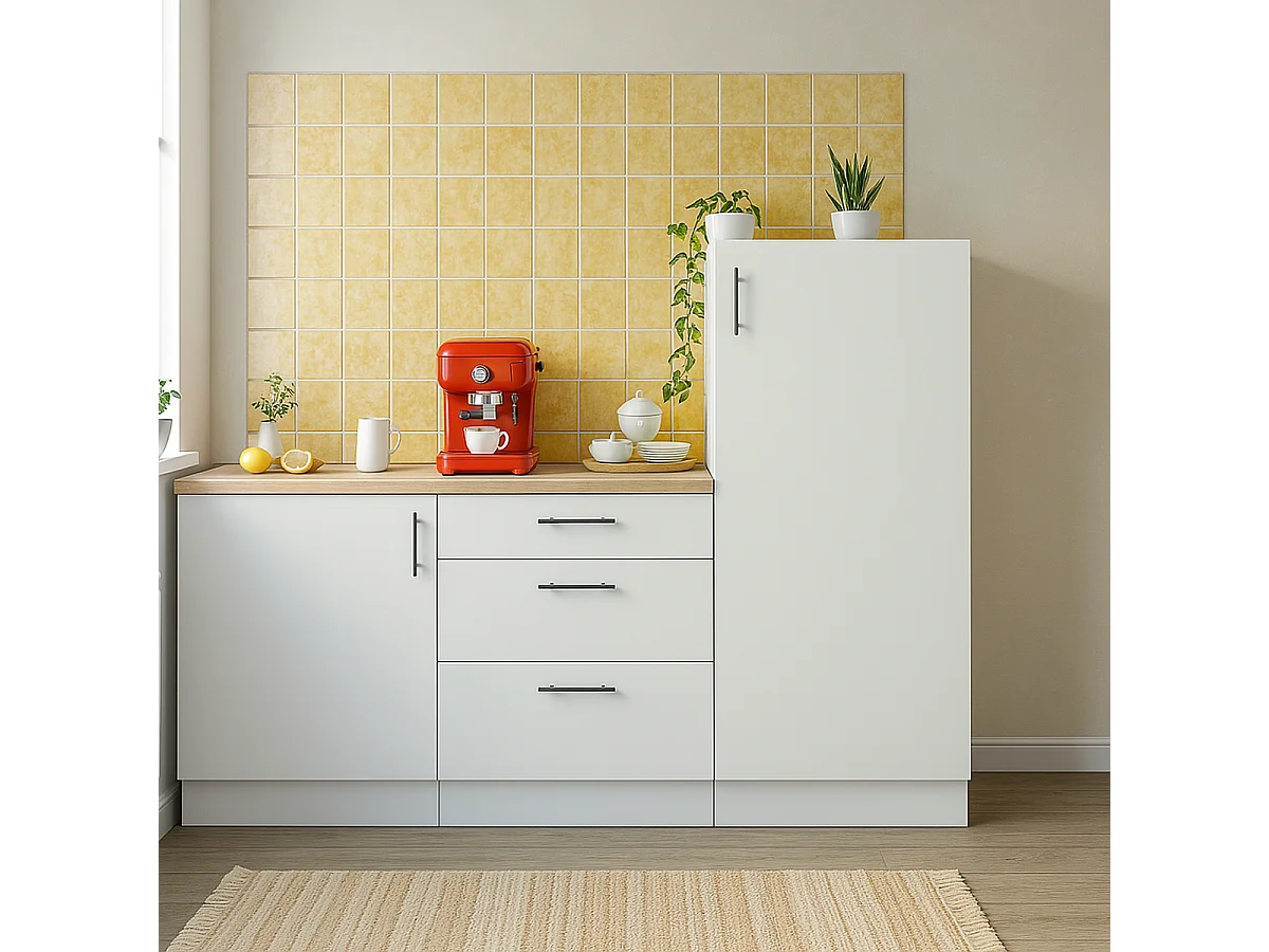 Ensemble de cuisine composé de 3 modules coloris blanc brillant/chêne canadien