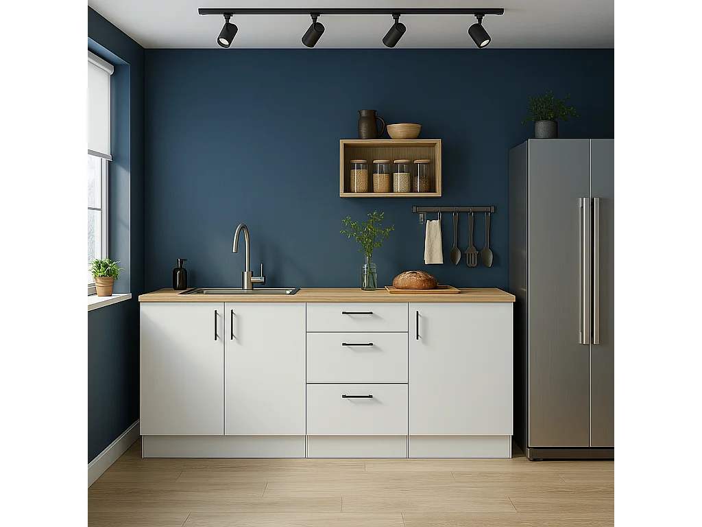 Ensemble de cuisine composé de 3 éléments coloris blanc brillant/chêne canadien