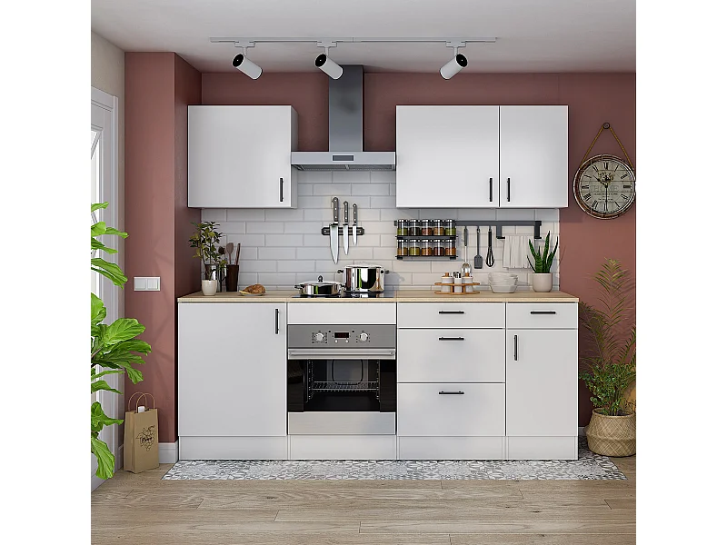 Ensemble de cuisine composé de 7 éléments blanc brillant/chêne canadien