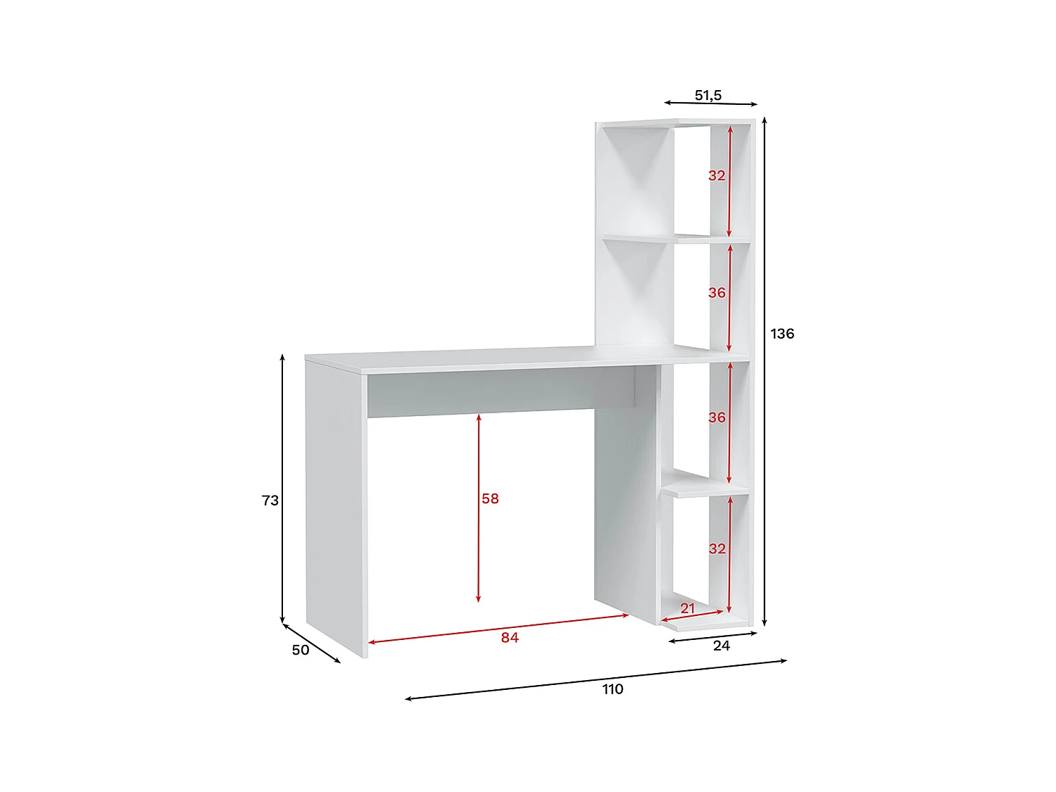 Table du bureau, meuble du bureau réversible avec étagère en bois coloris Blanc artik - hauteur 136 x longueur 110 x profondeur 52 cm