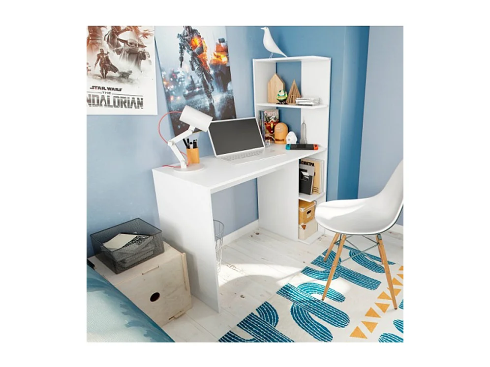 Table du bureau, meuble du bureau réversible avec étagère en bois coloris Blanc artik - hauteur 136 x longueur 110 x profondeur 52 cm