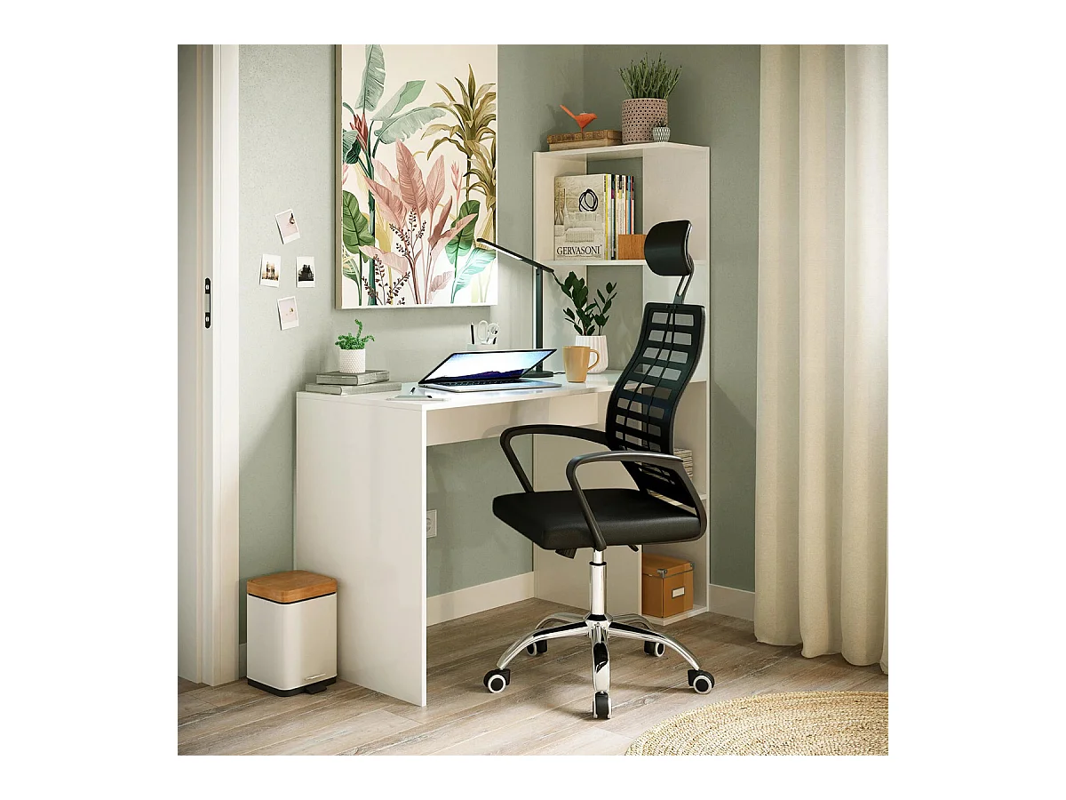 Table du bureau, meuble du bureau réversible avec étagère en bois coloris Blanc artik - hauteur 136 x longueur 110 x profondeur 52 cm