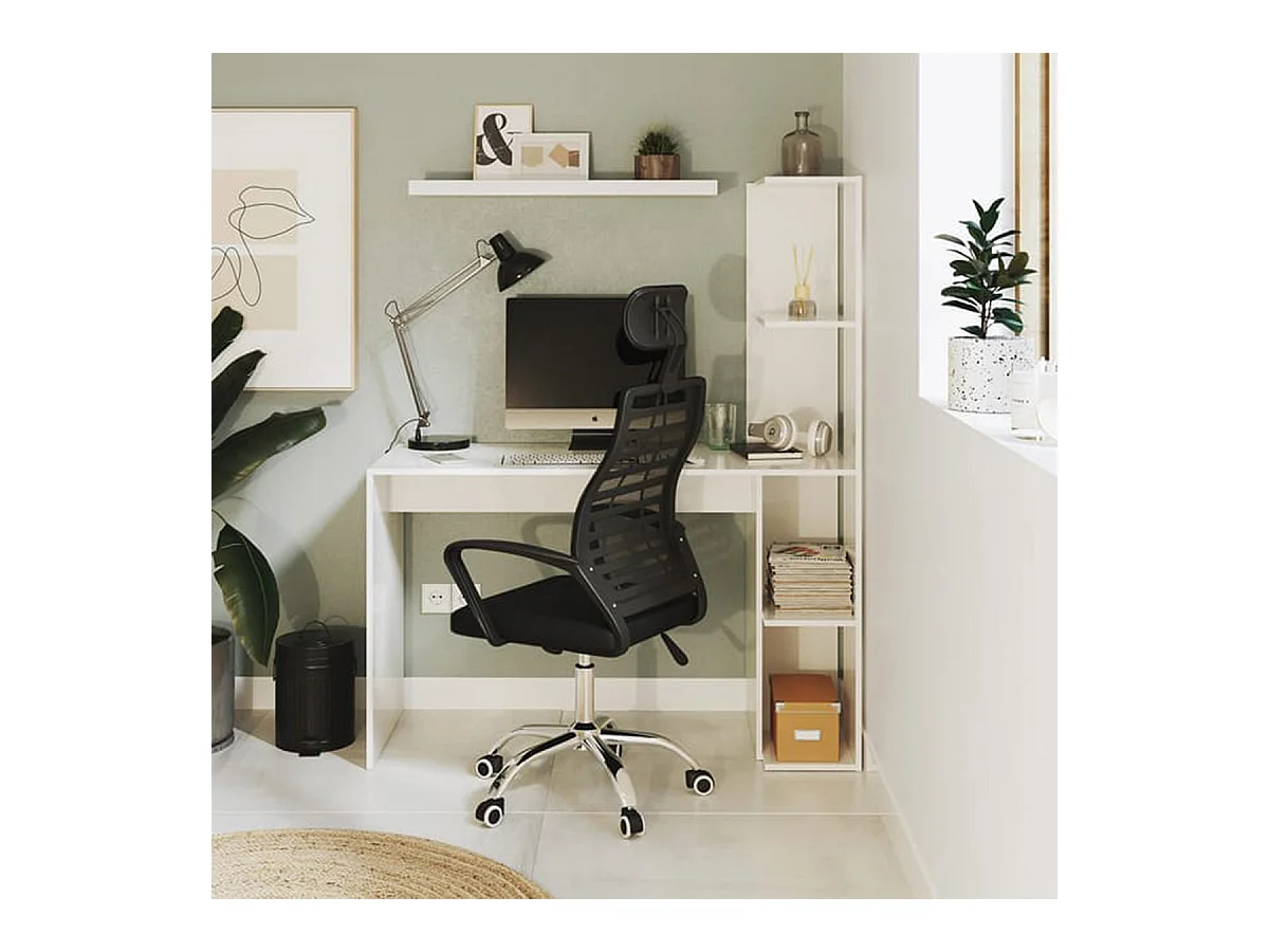 Table du bureau, meuble du bureau réversible avec étagère en bois coloris Blanc artik - hauteur 136 x longueur 110 x profondeur 52 cm