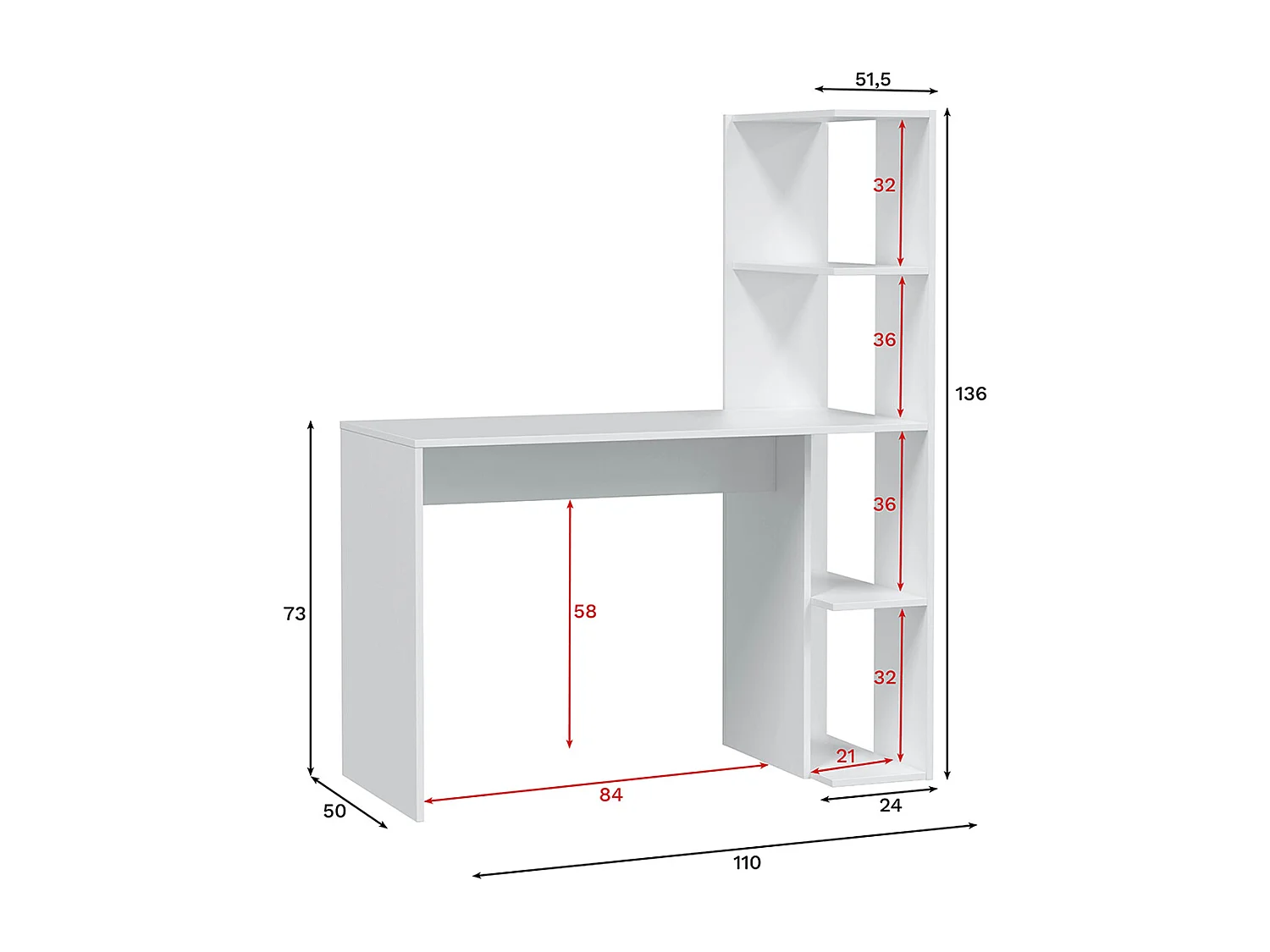 Table du bureau, meuble du bureau réversible avec étagère en bois coloris Blanc artik - hauteur 136 x longueur 110 x profondeur 52 cm