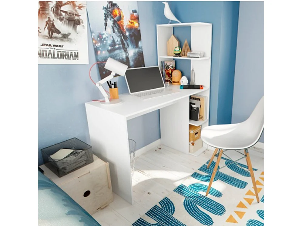 Table du bureau, meuble du bureau réversible avec étagère en bois coloris Blanc artik - hauteur 136 x longueur 110 x profondeur 52 cm