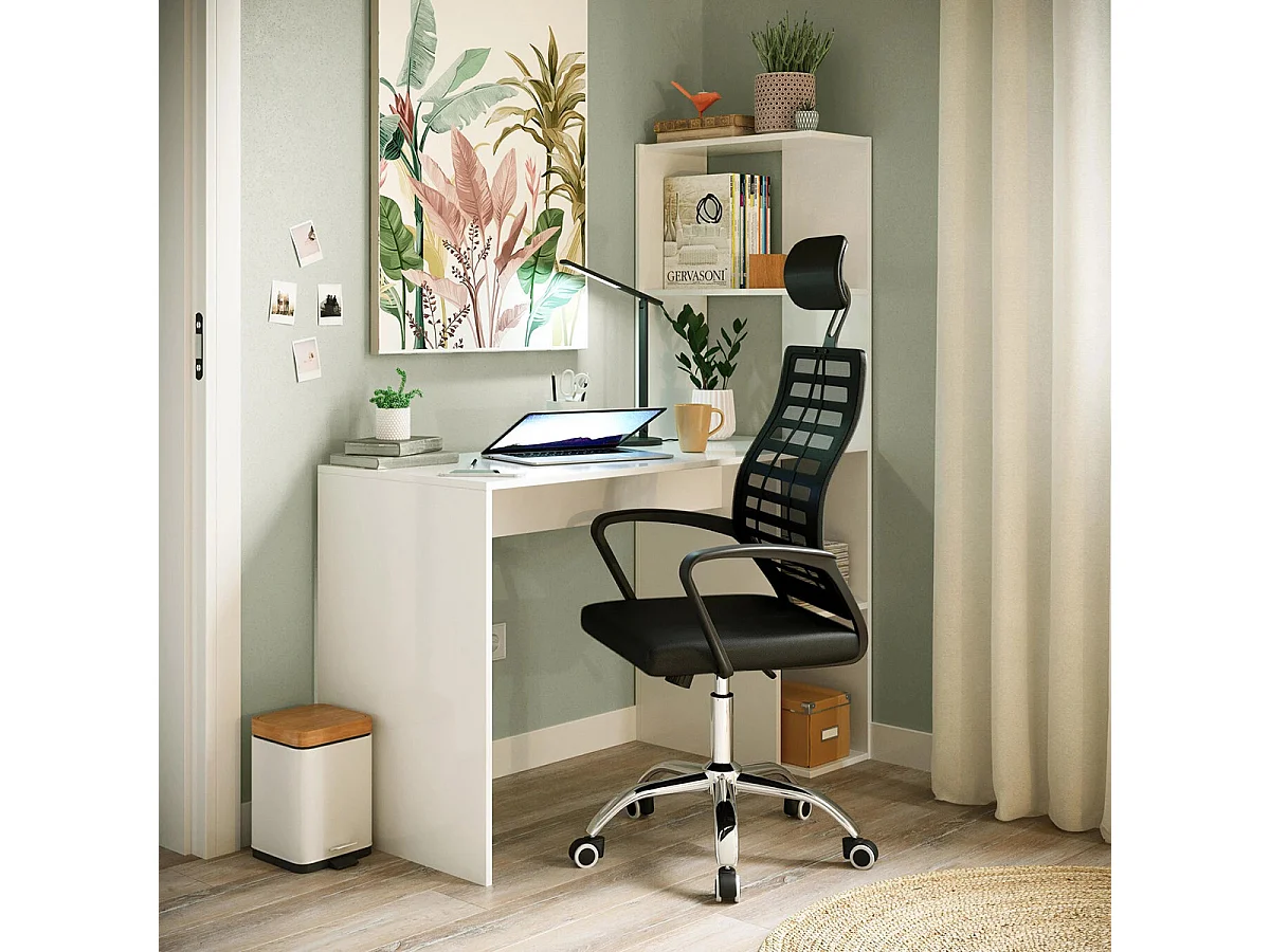 Table du bureau, meuble du bureau réversible avec étagère en bois coloris Blanc artik - hauteur 136 x longueur 110 x profondeur 52 cm