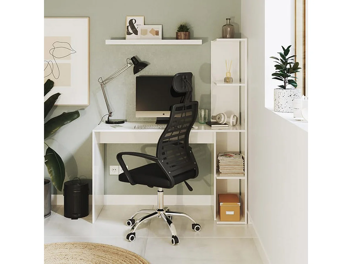 Table du bureau, meuble du bureau réversible avec étagère en bois coloris Blanc artik - hauteur 136 x longueur 110 x profondeur 52 cm