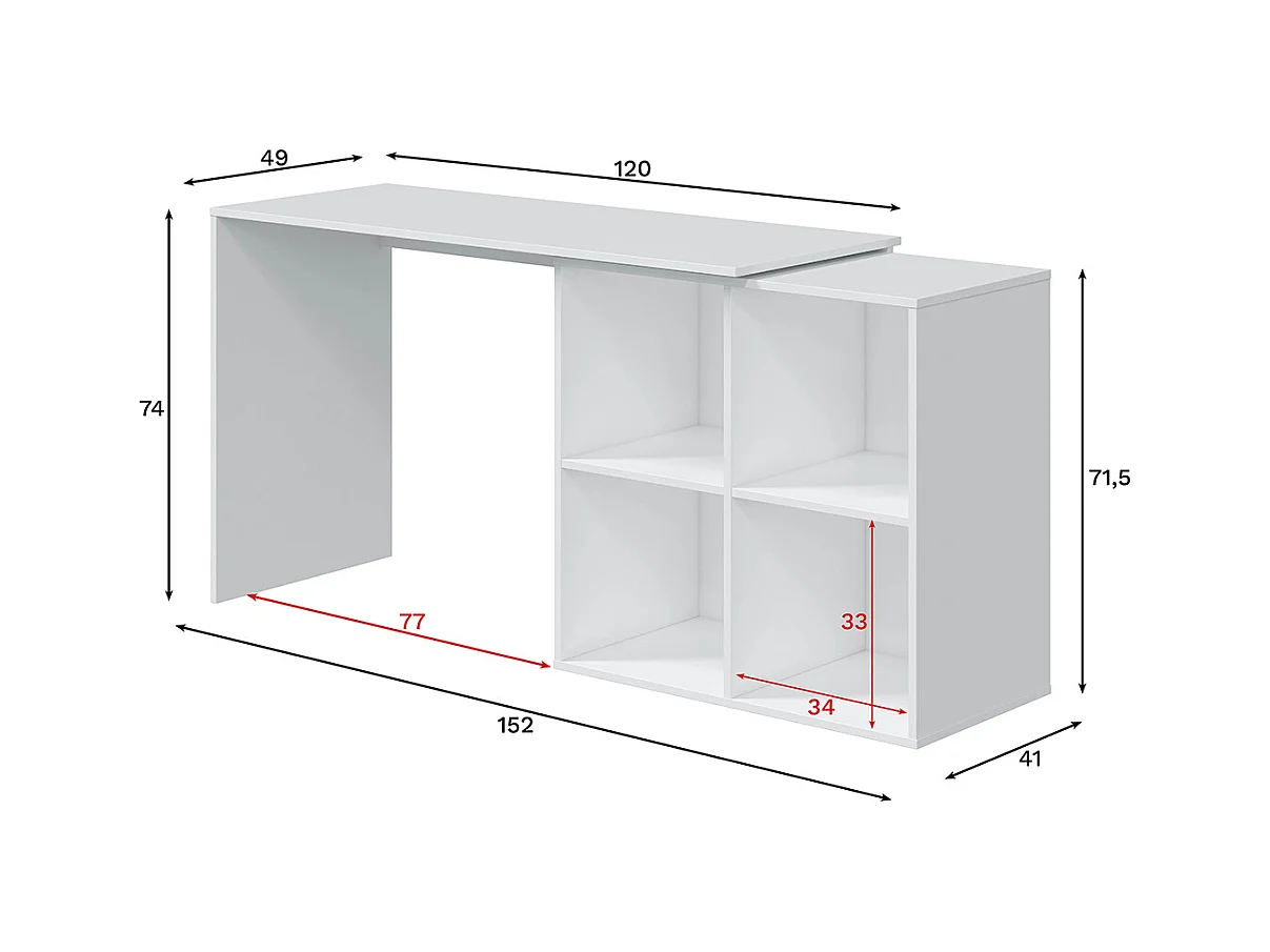 Table du bureau, meuble du bureau réversible en bois coloris blanc artic - hauteur 74 x longueur 120-152 x profondeur 77 cm