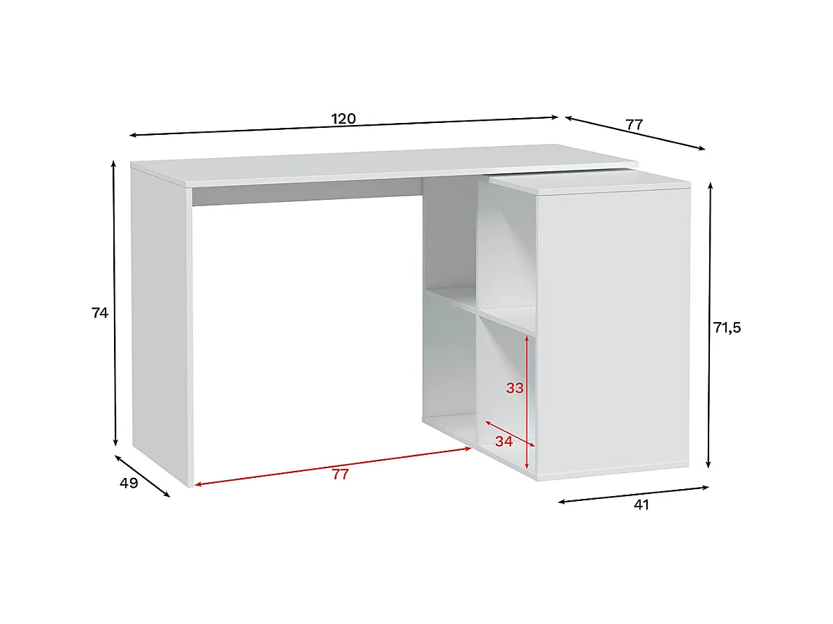 Table du bureau, meuble du bureau réversible en bois coloris blanc artic - hauteur 74 x longueur 120-152 x profondeur 77 cm