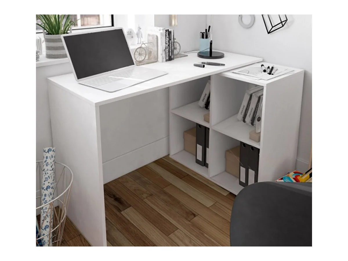 Table du bureau, meuble du bureau réversible en bois coloris blanc artic - hauteur 74 x longueur 120-152 x profondeur 77 cm