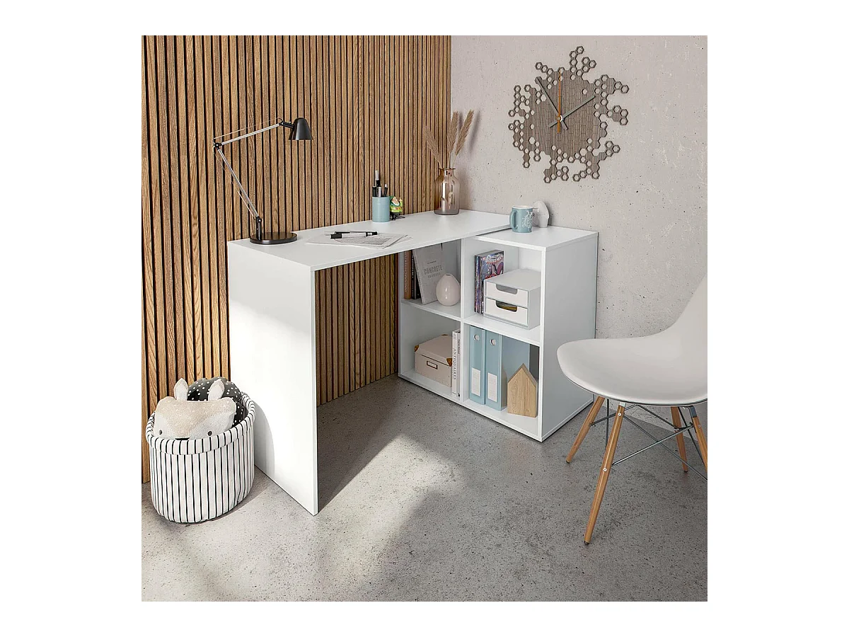 Table du bureau, meuble du bureau réversible en bois coloris blanc artic - hauteur 74 x longueur 120-152 x profondeur 77 cm