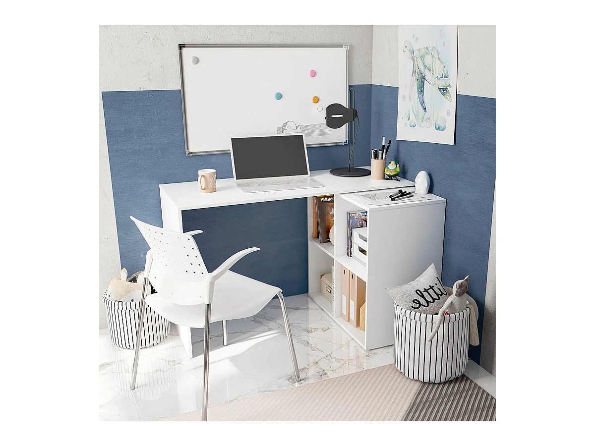 Table du bureau, meuble du bureau réversible en bois coloris blanc artic - hauteur 74 x longueur 120-152 x profondeur 77 cm