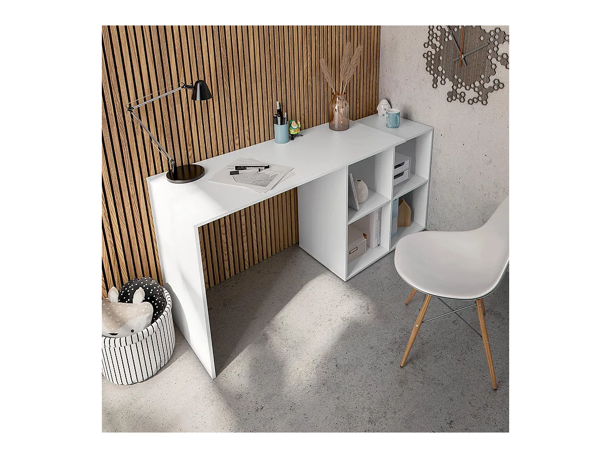 Table du bureau, meuble du bureau réversible en bois coloris blanc artic - hauteur 74 x longueur 120-152 x profondeur 77 cm
