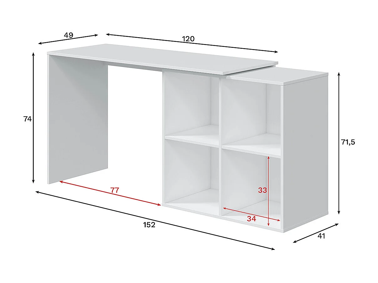 Table du bureau, meuble du bureau réversible en bois coloris blanc artic - hauteur 74 x longueur 120-152 x profondeur 77 cm