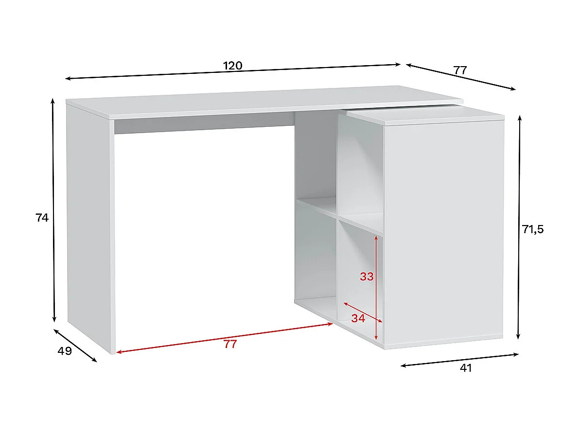 Table du bureau, meuble du bureau réversible en bois coloris blanc artic - hauteur 74 x longueur 120-152 x profondeur 77 cm