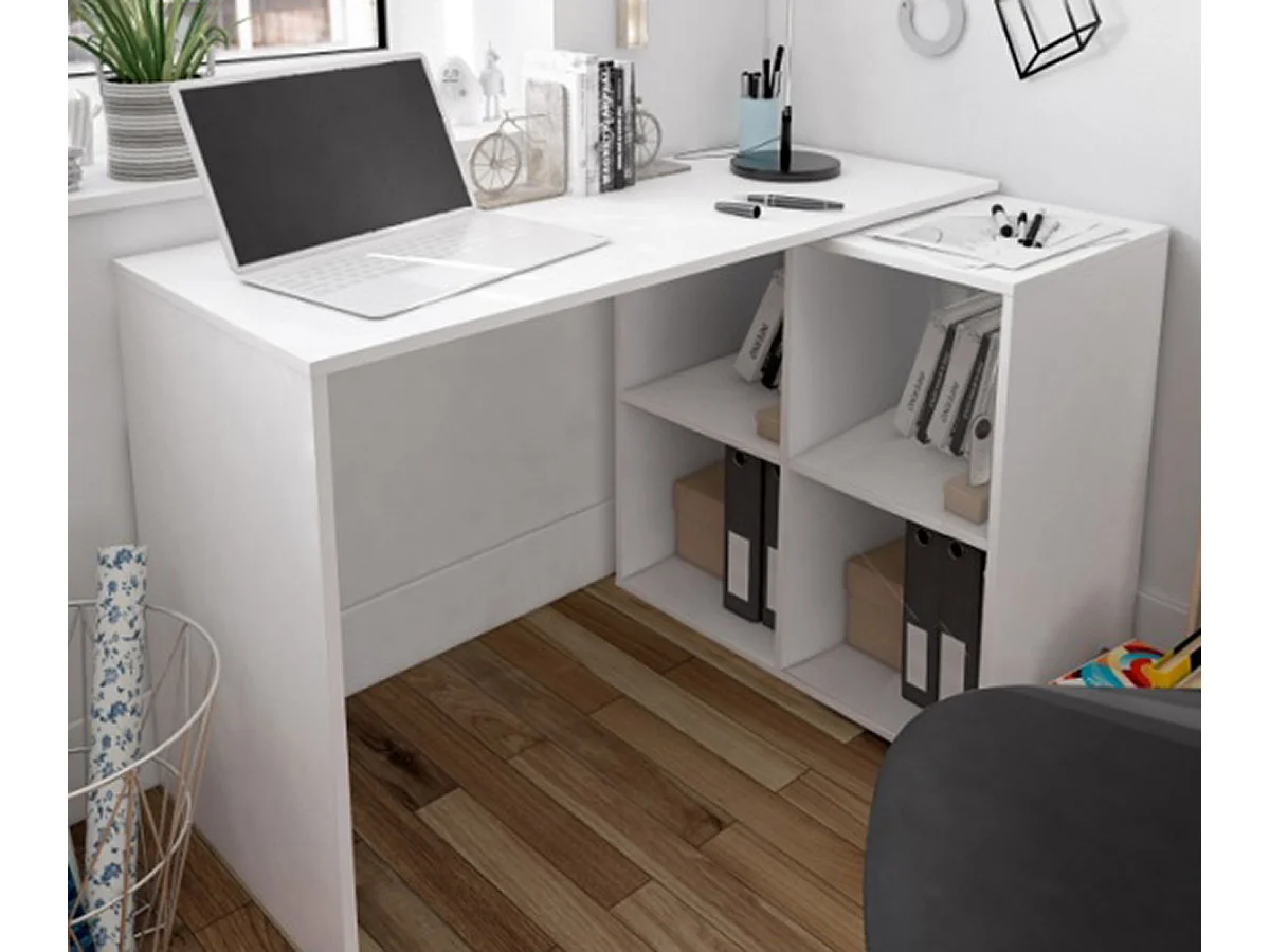 Table du bureau, meuble du bureau réversible en bois coloris blanc artic - hauteur 74 x longueur 120-152 x profondeur 77 cm
