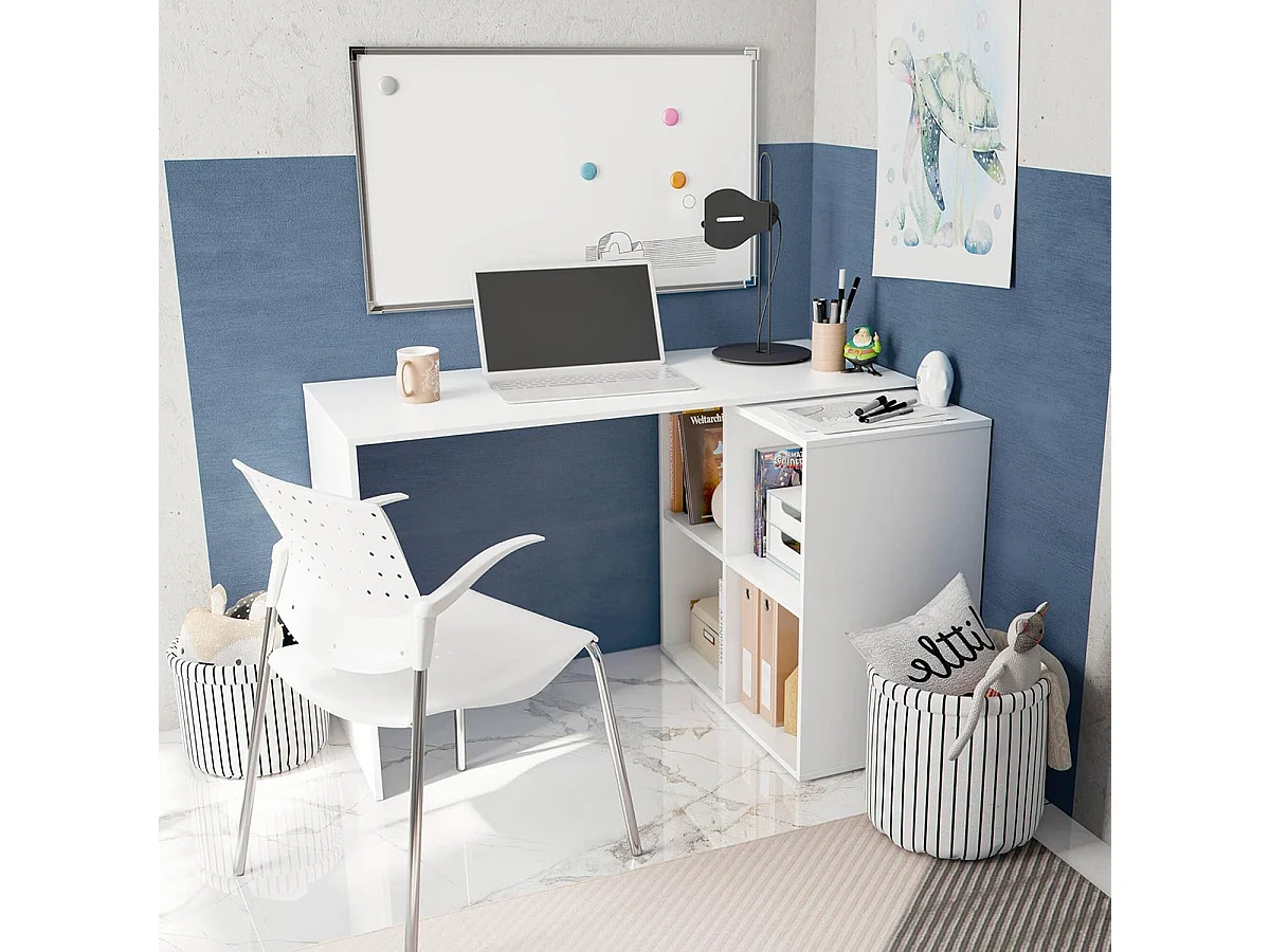 Table du bureau, meuble du bureau réversible en bois coloris blanc artic - hauteur 74 x longueur 120-152 x profondeur 77 cm